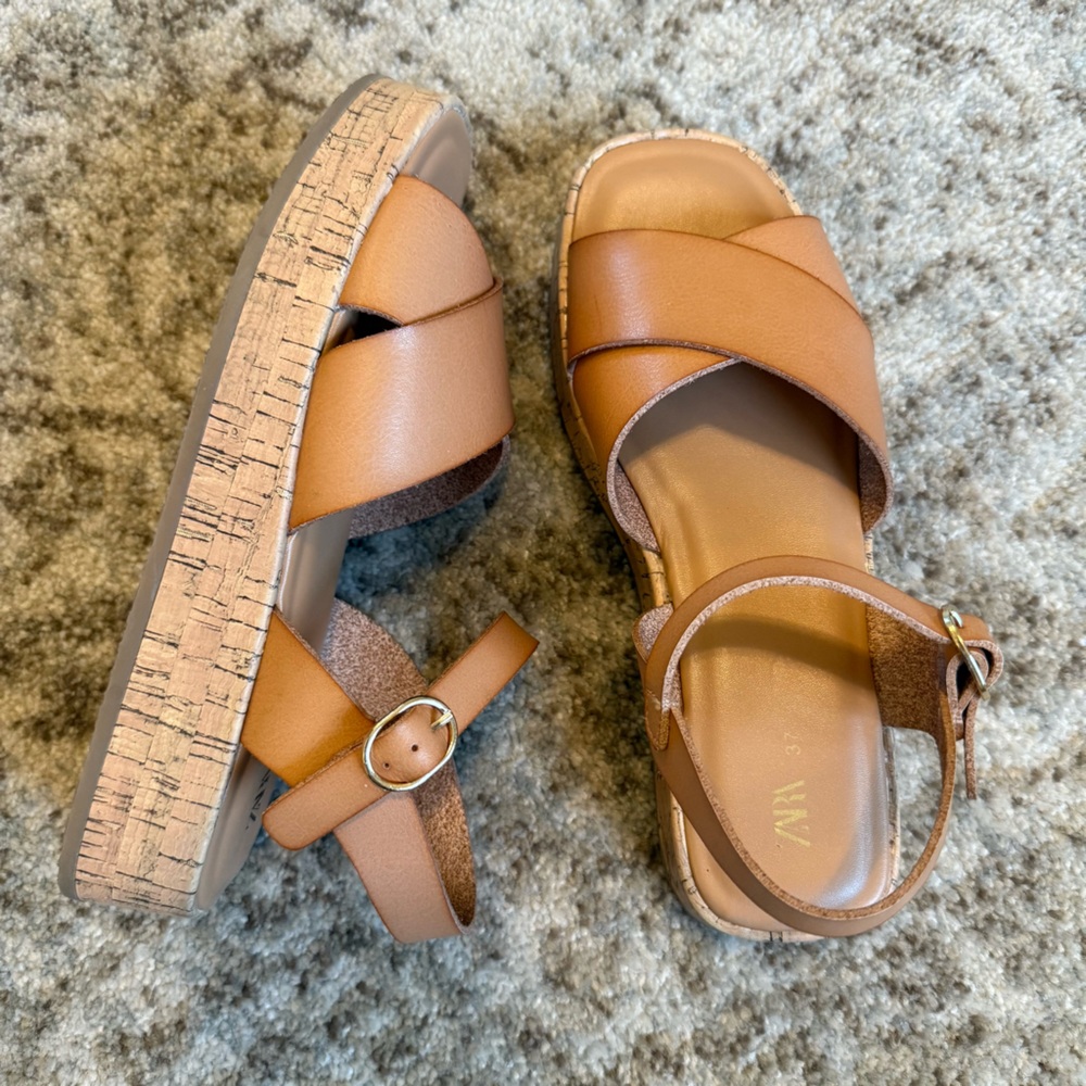 Zara Women’s Espidrilles Sandals Camel Tan Cork Sole Adjustable Strap Sz 7 / 37